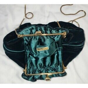 Elegant BECHAMEL Emerald Green Velvet Evening Bag – Rare Ruched Pouch with Gold